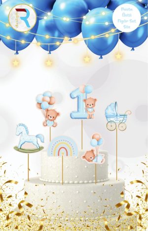 1 Yaş Mavi Pasta Üstü Figür Süs Set