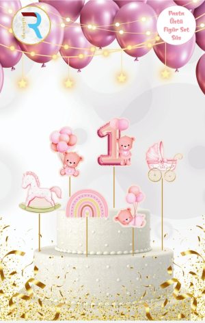 1 Yaş Pembe Pasta Üstü Figür Süs Set