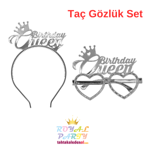 Birthday Queen Gümüş Taç Gözlük Set