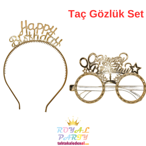 Happy Birthday Gold Altın Taç Gözlük Set
