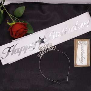 Happy Birthday Kuşak ve Taç Set Beyaz Gümüş