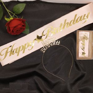 Happy Birthday Kuşak ve Taç Set Pembe Altın