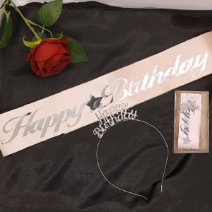 Happy Birthday Kuşak ve Taç Set Pembe Gümüş