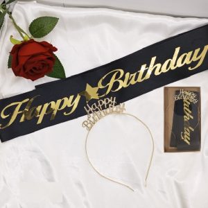 Happy Birthday Kuşak ve Taç Set Siyah Altın