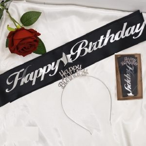 Happy Birthday Kuşak ve Taç Set Siyah Gümüş