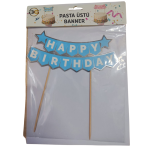 Happy Birthday Mavi Gümüş Pasta Üzeri Banner