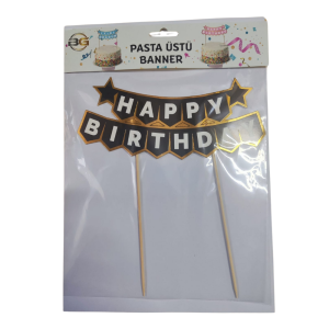 Happy Birthday Siyah Altın Pasta Üzeri Banner