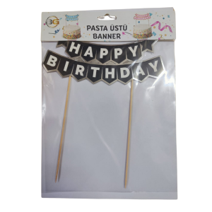 Happy Birthday Siyah Gümüş Pasta Üzeri Banner