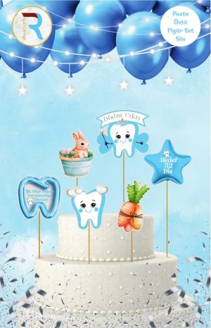 İlk Diş Mavi Pasta Üstü Figür Süs Set
