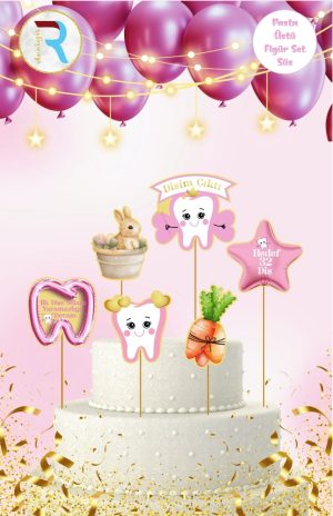 İlk Diş Pembe Pasta Üstü Figür Süs Set