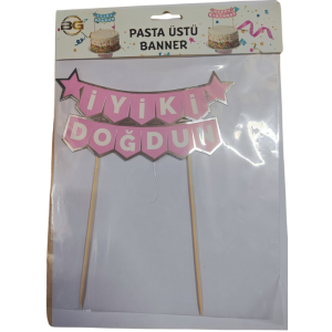İyi ki Doğdun Pembe Gümüş Pasta Üzeri Banner