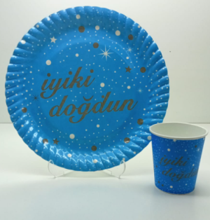 Mavi Gümüş İyi Ki Doğdun Tabak Bardak Set