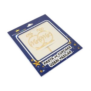 Pleksi Pasta Üzeri Yazı Mr & Mrs Yüzüklü Gold Altın