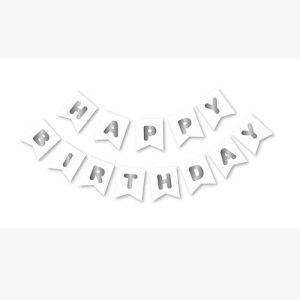 Beyaz Gümüş Happy Birthday Yaldızlı Banner